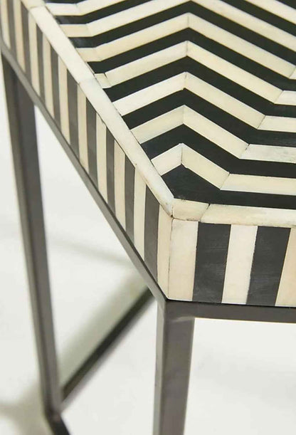 Bone Inlay End Table Handmade Indian Side Table with Intricate Floral Design Decorative Boho Accent Furniture for Living Room, Bedroom or Entryway