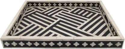 Hansa Handmade Bone Inlay Serving Tray Rectangle Tray Geometrical Pattern Decorative Platter Basket Tray for Ottoman