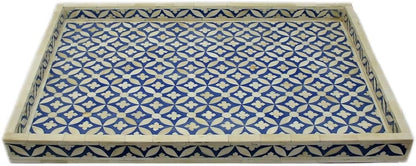 Hansa Handmade Bone Inlay Serving Tray Rectangle Tray Geometrical Pattern Decorative Platter Basket Tray for Ottoman