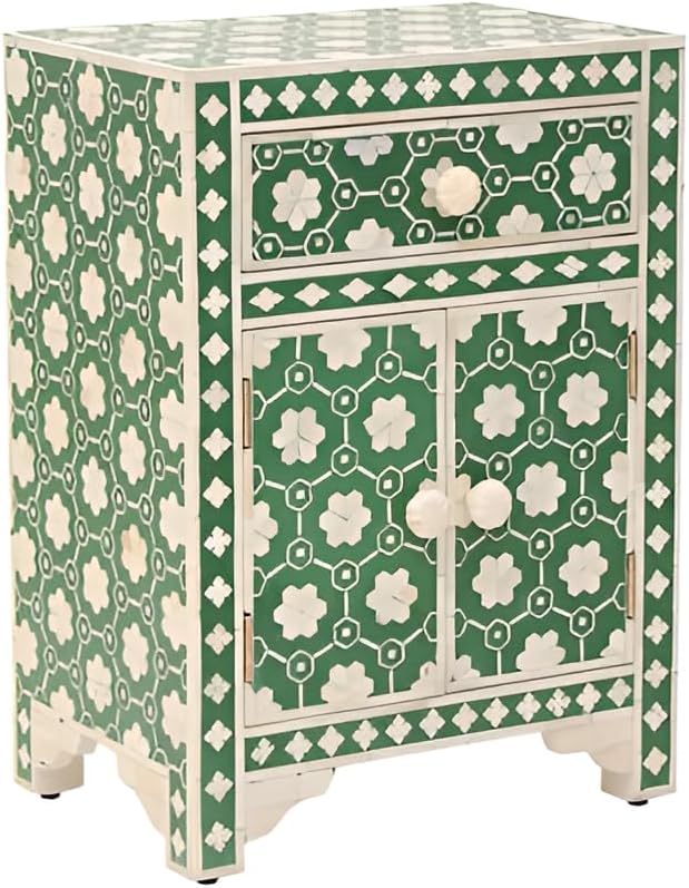 Bone Inlay Bedside Table with 2 Drawers Handcrafted Nightstand with Storage Elegant Floral Design Accent Furniture for Bedroom, Living Room or Entryway Décor