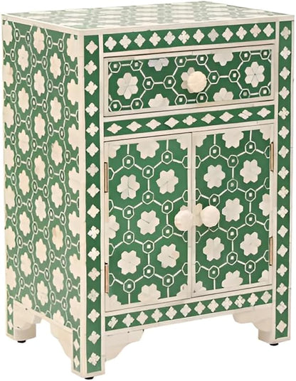 Bone Inlay Bedside Table with 2 Drawers Handcrafted Nightstand with Storage Elegant Floral Design Accent Furniture for Bedroom, Living Room or Entryway Décor