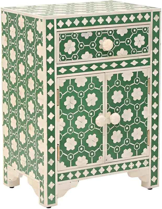 Bone Inlay Bedside Table with 2 Drawers Handcrafted Nightstand with Storage Elegant Floral Design Accent Furniture for Bedroom, Living Room or Entryway Décor