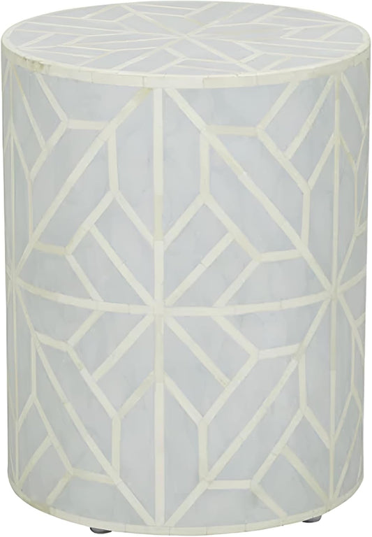 Bone Inlay End Table Handmade Indian Accent Side Table with Intricate Floral Inlay Decorative Boho Furniture for Living Room, Bedroom or Entryway