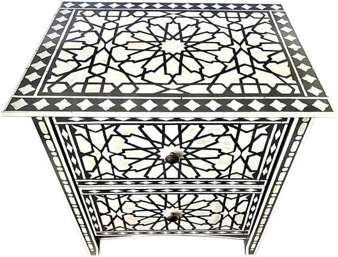 Bone Inlay Bedside Table Handcrafted Nightstand with Intricate Floral Design and Storage Drawer – Elegant Accent Furniture for Bedroom Décor