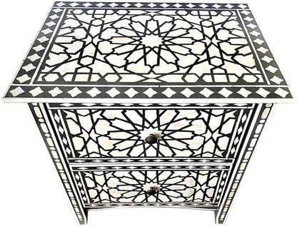 Bone Inlay Bedside Table Handcrafted Nightstand with Intricate Floral Design and Storage Drawer – Elegant Accent Furniture for Bedroom Décor