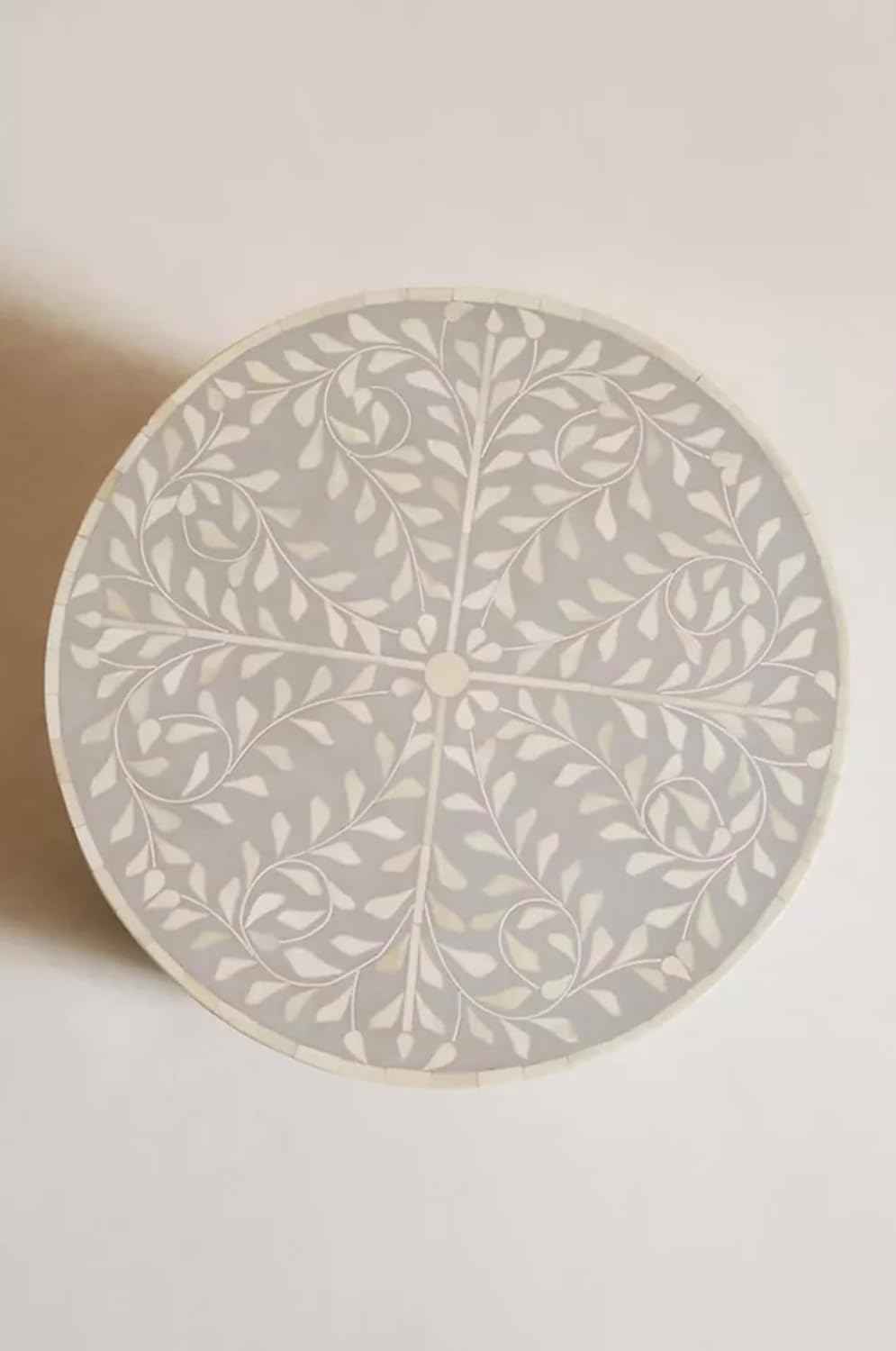 Bone Inlay End Table Handmade Indian Accent Side Table with Intricate Floral Inlay Decorative Boho Furniture for Living Room, Bedroom, or Entryway Décor