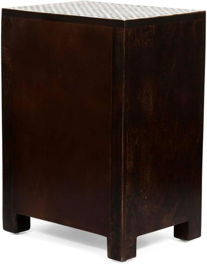 Bone Inlay Bedside Table Handcrafted Nightstand with 3 Storage Drawer and Star Floral Inlay Pattern Design Elegant Accent Furniture for Bedroom, Living Room or Guest Room Décor