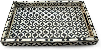 Hansa Handmade Bone Inlay Serving Tray Rectangle Tray Geometrical Pattern Decorative Platter Basket Tray for Ottoman