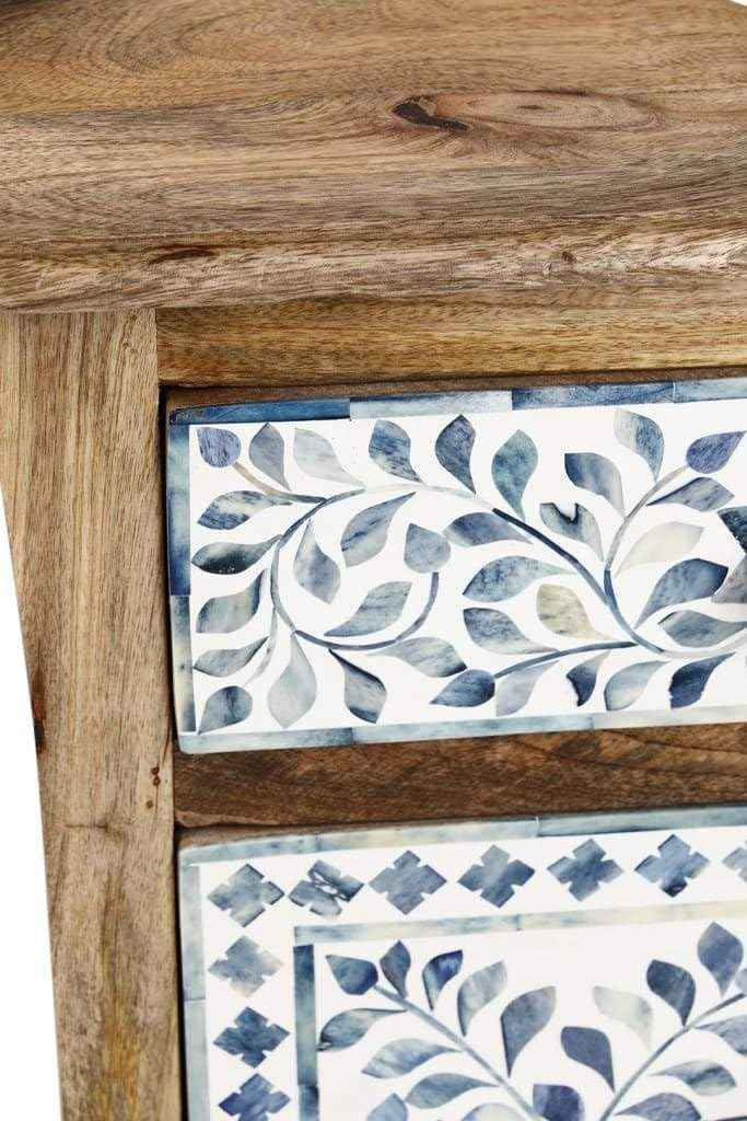 Handcrafted Bone Inlay Bedside Table with 2 Drawers Elegant Nightstand with Ample Storage Floral Pattern Accent Furniture for Bedroom, Living Room or Entryway Artisan-Made Wood Cabinet