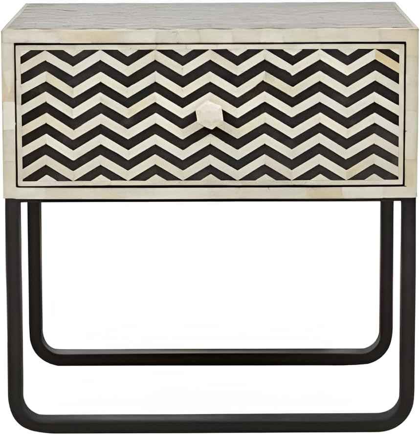 Bone Inlay Bedside Table with 1 Drawer Handcrafted Nightstand with Storage and Intricate Design Stylish Accent Furniture for Bedroom or Living Room Décor