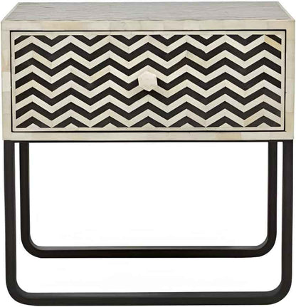 Bone Inlay Bedside Table with 1 Drawer Handcrafted Nightstand with Storage and Intricate Design Stylish Accent Furniture for Bedroom or Living Room Décor