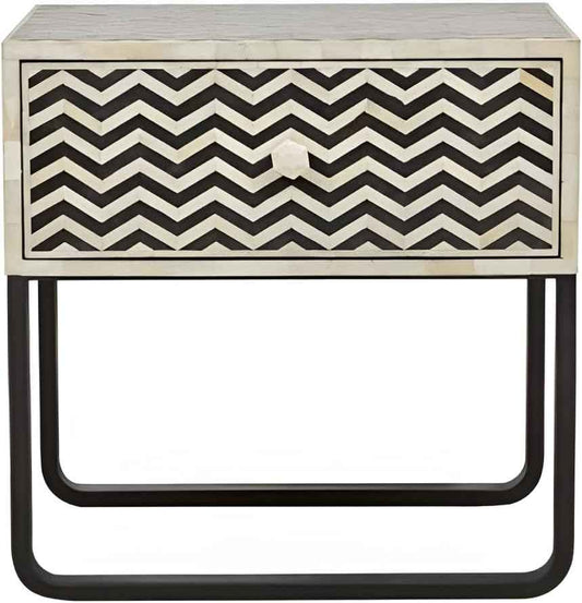 Bone Inlay Bedside Table with 1 Drawer Handcrafted Nightstand with Storage and Intricate Design Stylish Accent Furniture for Bedroom or Living Room Décor