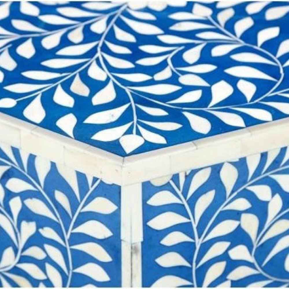 Bone Inlay End Table Handmade Indian Side Table with Intricate Floral Inlay Decorative Boho Accent Table for Living Room, Bedroom or Entryway
