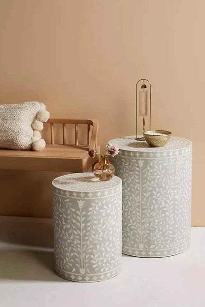 Bone Inlay End Table Handmade Indian Accent Side Table with Intricate Floral Inlay Decorative Boho Furniture for Living Room, Bedroom, or Entryway Décor