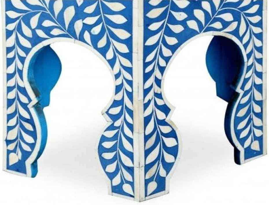 Bone Inlay End Table Handmade Indian Side Table with Intricate Floral Inlay Decorative Boho Accent Table for Living Room, Bedroom or Entryway