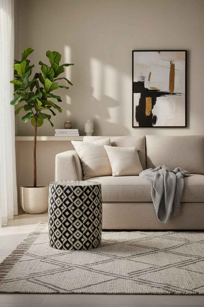 Bone Inlay End Table Handmade Indian Side Table with Intricate Diamond Lattice Pattern Design Decorative Accent Furniture for Bedroom, Living Room or Entryway Boho Home Décor