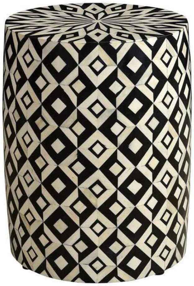 Bone Inlay End Table Handmade Indian Side Table with Intricate Diamond Lattice Pattern Design Decorative Accent Furniture for Bedroom, Living Room or Entryway Boho Home Décor