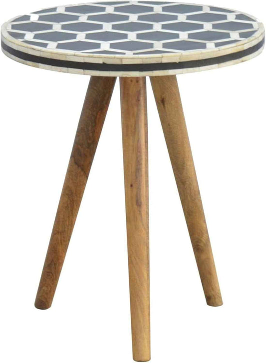 Bone Inlay End Table Handmade Accent Side Table with Intricate Honeycomb Pattern Indian Artisan Furniture for Bedroom, Living Room or Entryway Boho & Modern Home Décor
