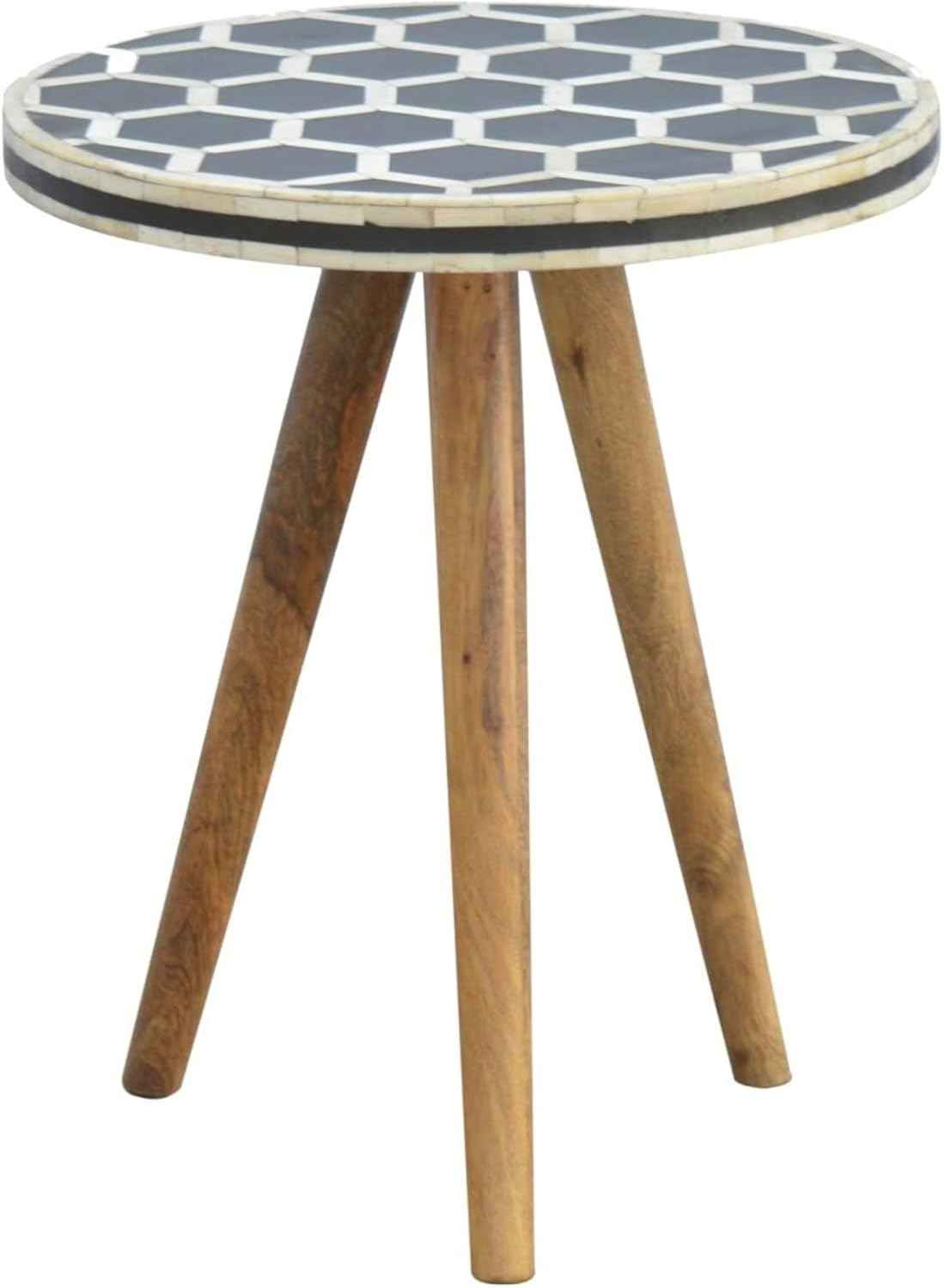 Bone Inlay End Table Handmade Accent Side Table with Intricate Honeycomb Pattern Indian Artisan Furniture for Bedroom, Living Room or Entryway Boho & Modern Home Décor