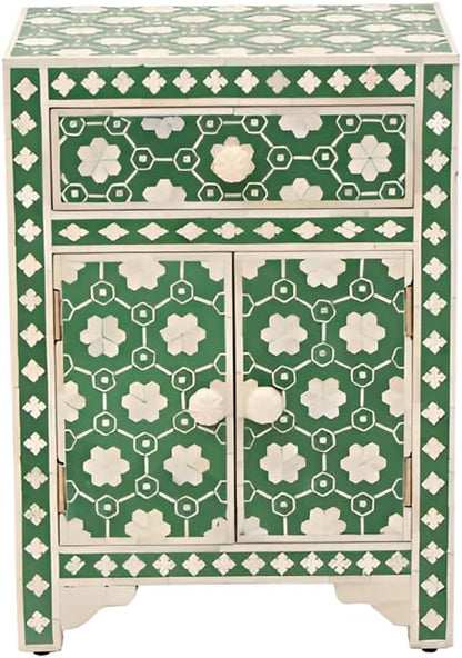 Bone Inlay Bedside Table with 2 Drawers Handcrafted Nightstand with Storage Elegant Floral Design Accent Furniture for Bedroom, Living Room or Entryway Décor