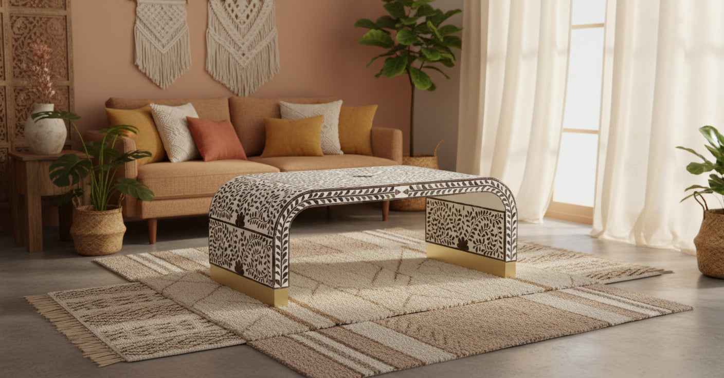 Bone Inlay Coffee Table Handmade Decorative Accent Table with Intricate Pattern Artisan Crafted Indian Furniture for Living Room, Bedroom or Office Décor