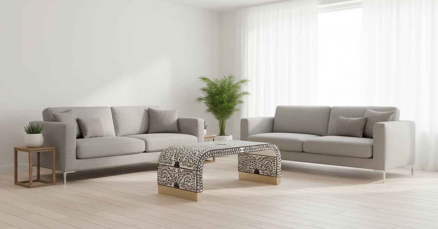 Bone Inlay Coffee Table Handmade Decorative Accent Table with Intricate Pattern Artisan Crafted Indian Furniture for Living Room, Bedroom or Office Décor