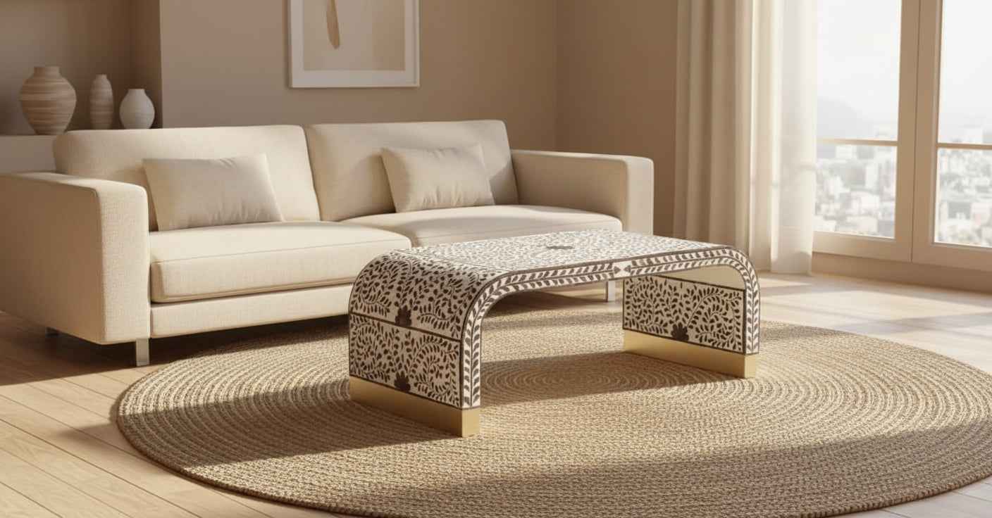 Bone Inlay Coffee Table Handmade Decorative Accent Table with Intricate Pattern Artisan Crafted Indian Furniture for Living Room, Bedroom or Office DÃ©cor