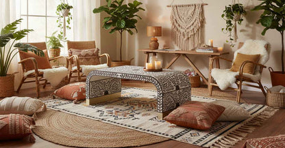 Bone Inlay Coffee Table Handmade Decorative Accent Table with Intricate Pattern Artisan Crafted Indian Furniture for Living Room, Bedroom or Office Décor