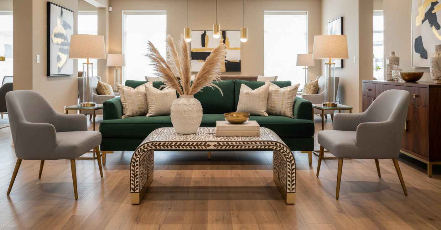 Bone Inlay Coffee Table Handmade Decorative Accent Table with Intricate Pattern Artisan Crafted Indian Furniture for Living Room, Bedroom or Office Décor