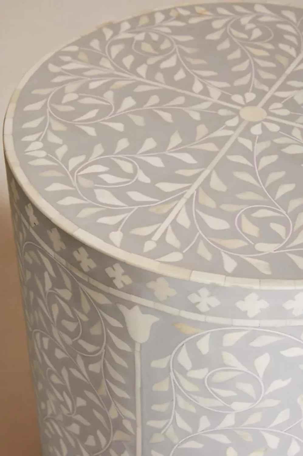 Bone Inlay End Table Handmade Indian Accent Side Table with Intricate Floral Inlay Decorative Boho Furniture for Living Room, Bedroom, or Entryway Décor