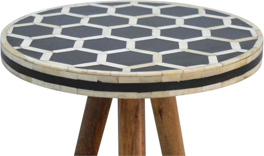 Bone Inlay End Table Handmade Accent Side Table with Intricate Honeycomb Pattern Indian Artisan Furniture for Bedroom, Living Room or Entryway Boho & Modern Home Décor