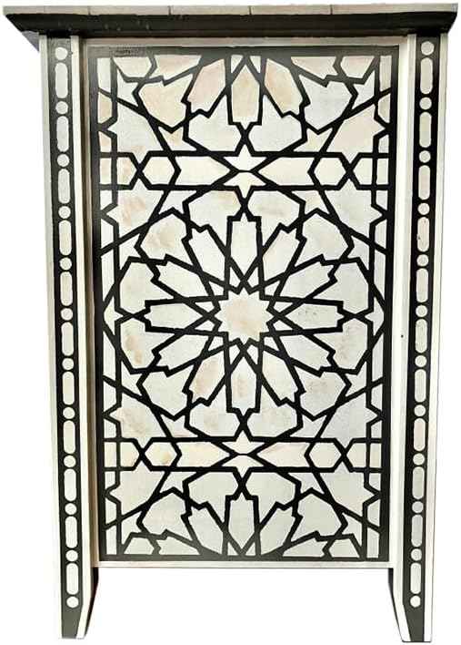Bone Inlay Bedside Table Handcrafted Nightstand with Intricate Floral Design and Storage Drawer – Elegant Accent Furniture for Bedroom Décor