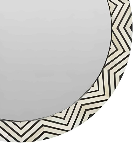 Handcrafted Bone Inlay Mirror Frame Intricately Designed Decorative Wall Mirror with ZigZag Geometric Patterns Accent for Living Room, Bedroom, Entryway, or Vanity Décor