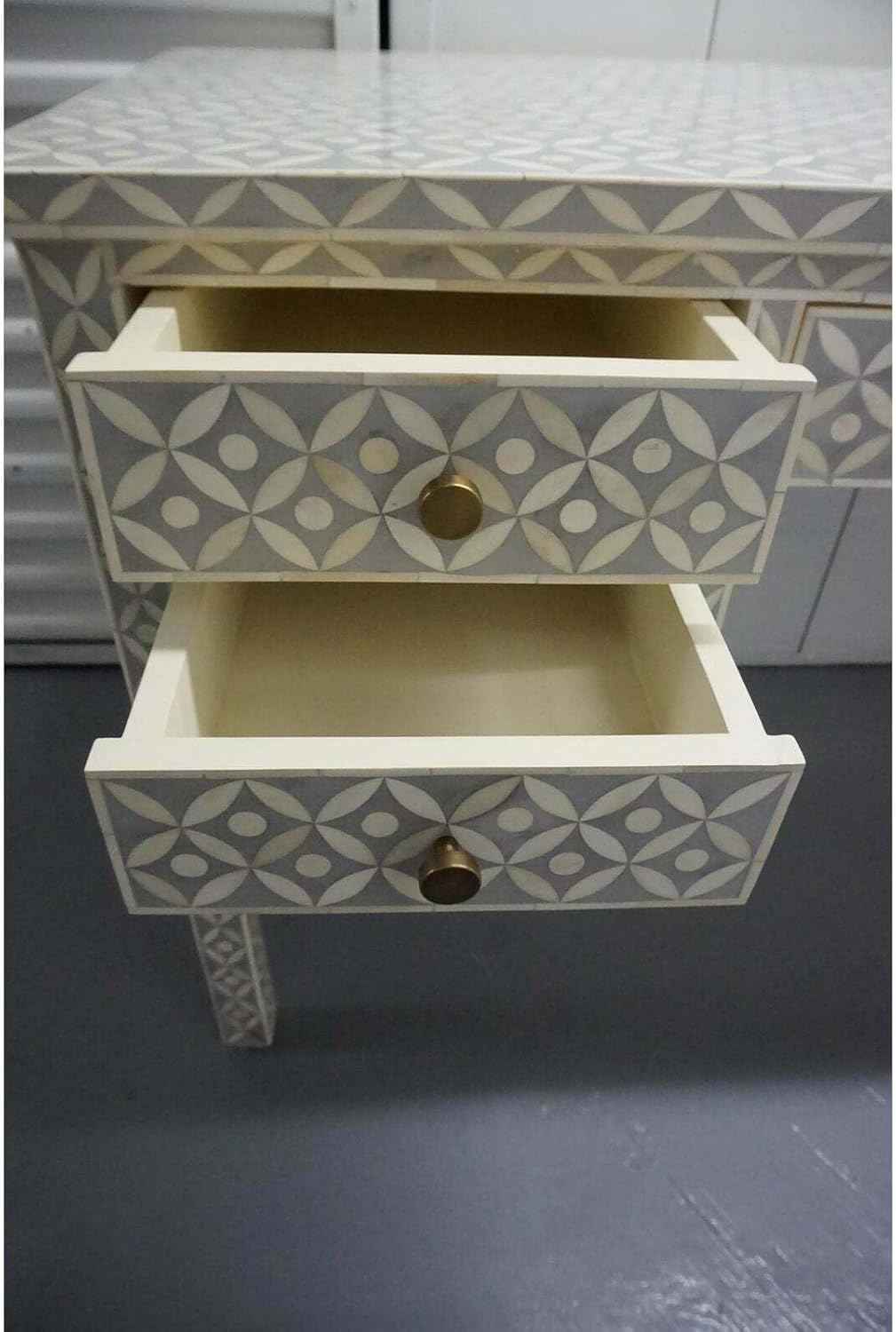 Bone Inlay Console Table with 5 Storage Drawers Handcrafted Solid Wood Entryway Table Intricate Design Elegant Accent Furniture for Hallway, Living Room or Bedroom Décor