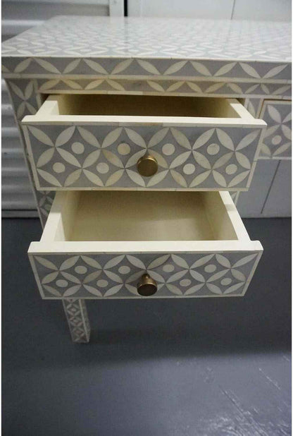 Bone Inlay Console Table with 5 Storage Drawers Handcrafted Solid Wood Entryway Table Intricate Design Elegant Accent Furniture for Hallway, Living Room or Bedroom Décor