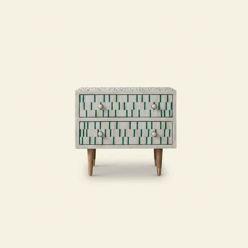 Bone Inlay Bedside Table with 2 Drawers Handcrafted Nightstand with Storage for Bedroom or Living Room Décor