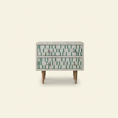 Bone Inlay Bedside Table with 2 Drawers Handcrafted Nightstand with Storage for Bedroom or Living Room Décor