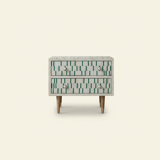 Bone Inlay Bedside Table with 2 Drawers Handcrafted Nightstand with Storage for Bedroom or Living Room Décor