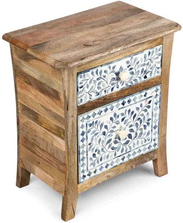 Handcrafted Bone Inlay Bedside Table with 2 Drawers Elegant Nightstand with Ample Storage Floral Pattern Accent Furniture for Bedroom, Living Room or Entryway Artisan-Made Wood Cabinet