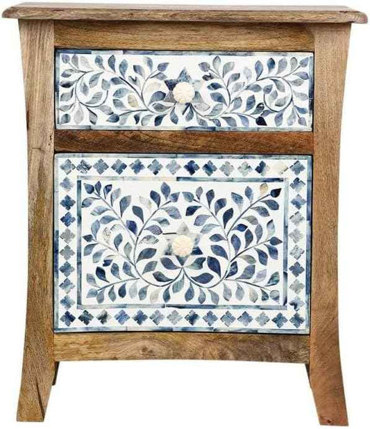 Handcrafted Bone Inlay Bedside Table with 2 Drawers Elegant Nightstand with Ample Storage Floral Pattern Accent Furniture for Bedroom, Living Room or Entryway Artisan-Made Wood Cabinet