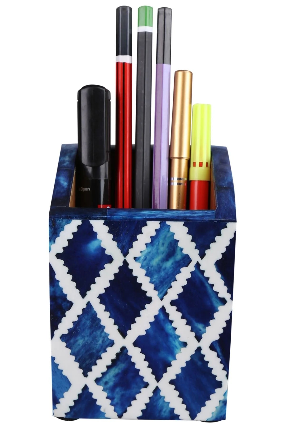 Handmade Bone Inlay Moroccan Diamond Pattern Pen & Pencil Holder Caddy Desk Cup, Penholder for Desk Pen Holder Unique Pencil Holder for Desk Modern