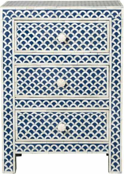 Bone Inlay Bedside Table with 3 Drawers Handcrafted Nightstand with Intricate Design Scallop Pattern Elegant and Functional Accent Furniture for Bedroom, Living Room or Guest Room Storage