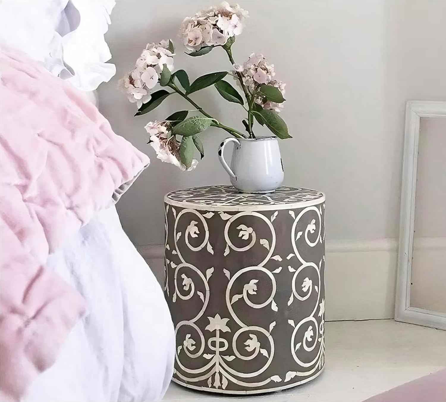 Bone Inlay End Table Handmade Indian Decorative Side Table with Intricate Floral Inlay Design Boho Accent Furniture for Living Room, Bedroom or Entryway