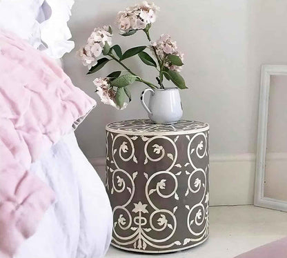 Bone Inlay End Table Handmade Indian Decorative Side Table with Intricate Floral Inlay Design Boho Accent Furniture for Living Room, Bedroom or Entryway