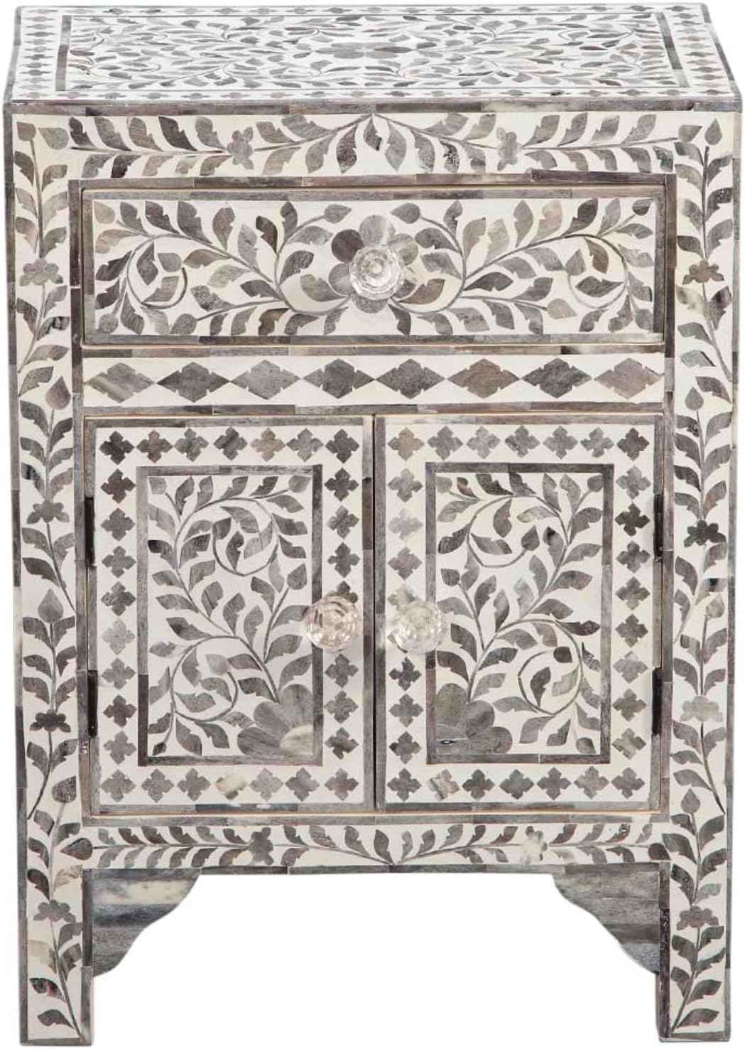 Bone Inlay Bedside Table with 2 Drawers Handcrafted Nightstand with Storage Elegant Inlay Design Accent Furniture for Bedroom, Living Room or Entryway