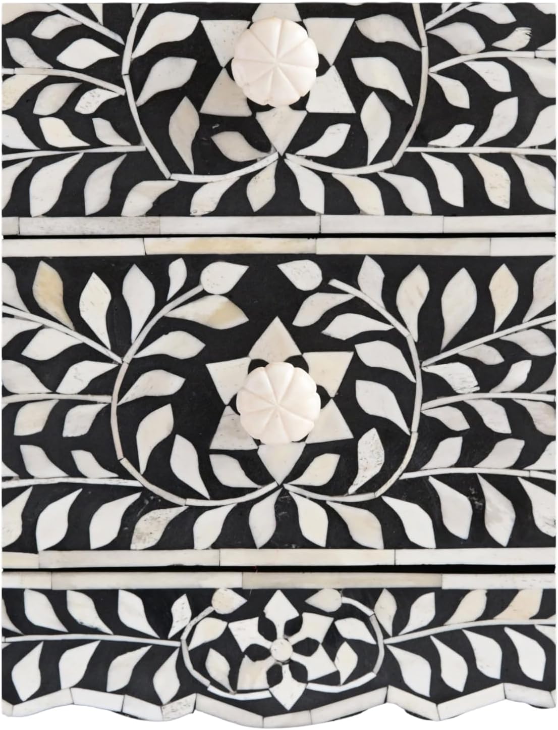 Bone Inlay Bedside Table with 2 Drawers Handcrafted Nightstand with Detailed Floral Design Stylish and Functional Accent Furniture for Bedroom or Living Room Storage and Décor