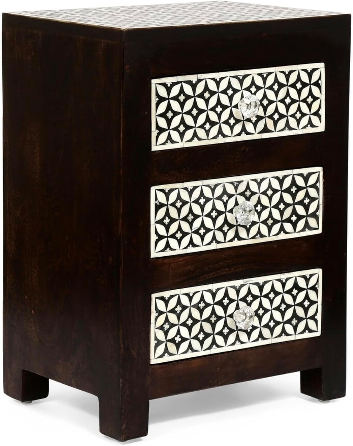 Bone Inlay Bedside Table Handcrafted Nightstand with 3 Storage Drawer and Star Floral Inlay Pattern Design Elegant Accent Furniture for Bedroom, Living Room or Guest Room Décor