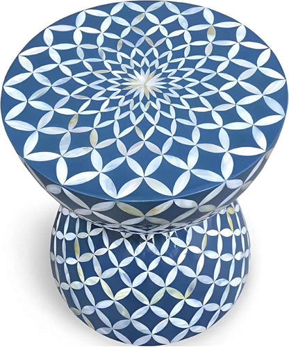 Bone Inlay End Table Handmade Floral Star Pattern Side Table Indian Artisan Accent Furniture for Living Room, Bedroom, or Entryway Boho Chic Home Décor