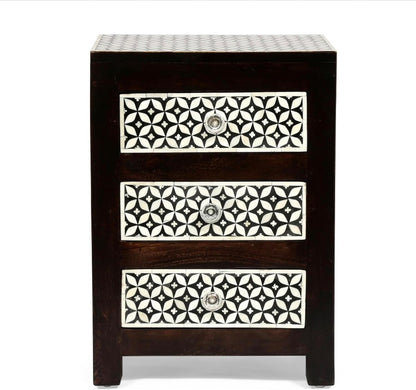 Bone Inlay Bedside Table Handcrafted Nightstand with 3 Storage Drawer and Star Floral Inlay Pattern Design Elegant Accent Furniture for Bedroom, Living Room or Guest Room Décor
