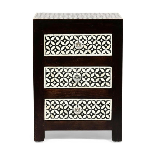 Bone Inlay Bedside Table Handcrafted Nightstand with 3 Storage Drawer and Star Floral Inlay Pattern Design Elegant Accent Furniture for Bedroom, Living Room or Guest Room Décor